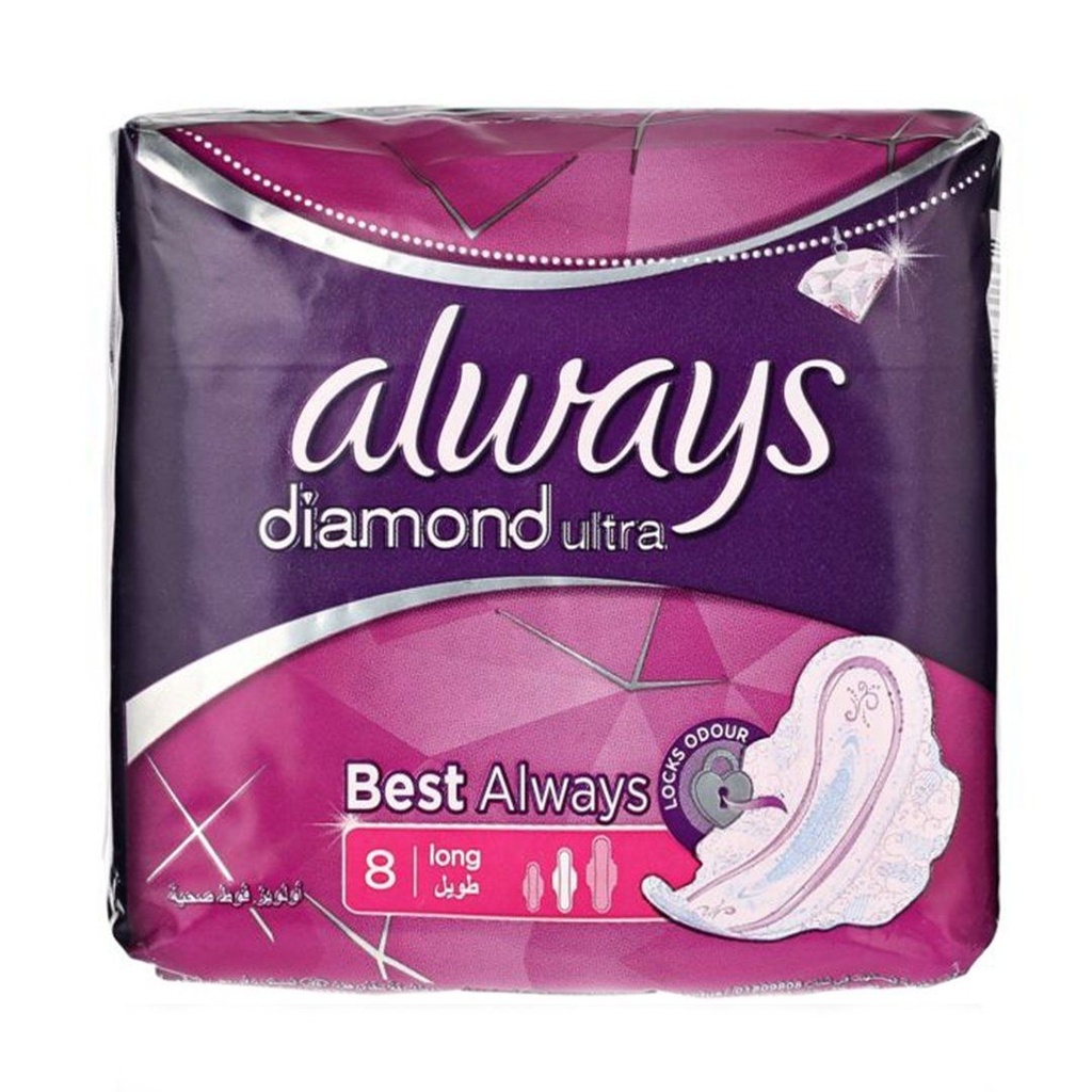 ALWAYS DIAMOND ULTRA LONG NEW - اولويز دايموند الترا طويلة الجديد | 8 فوط | فوط صحية | حماية فائقة ضد التسرب بنعومة حريرية وامتصاص مضاعف
