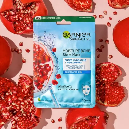 GARNIER TISSUE MASK WITH POMEGRANATE HYALURONIC - غارنييه الرمان | قطعة واحدة | قناع نسيجي للوجه | لترطيب البشرة ومكافحة الجفاف