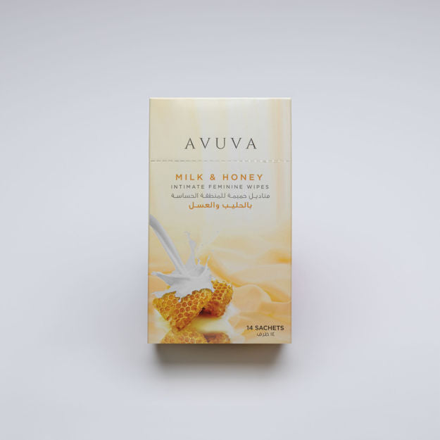 AVUVA FEMININE INTIMATE WIPES MILK & HONEY - افوفا مناديل حميمة للنساء بالحليب والعسل | 14 منديل | مناديل مبللة للعناية بالمنطقة الحساسة | تنظيف وتلطيف المنطقة الحساسة والحفاظ على توازن الحموضة الطبيعي