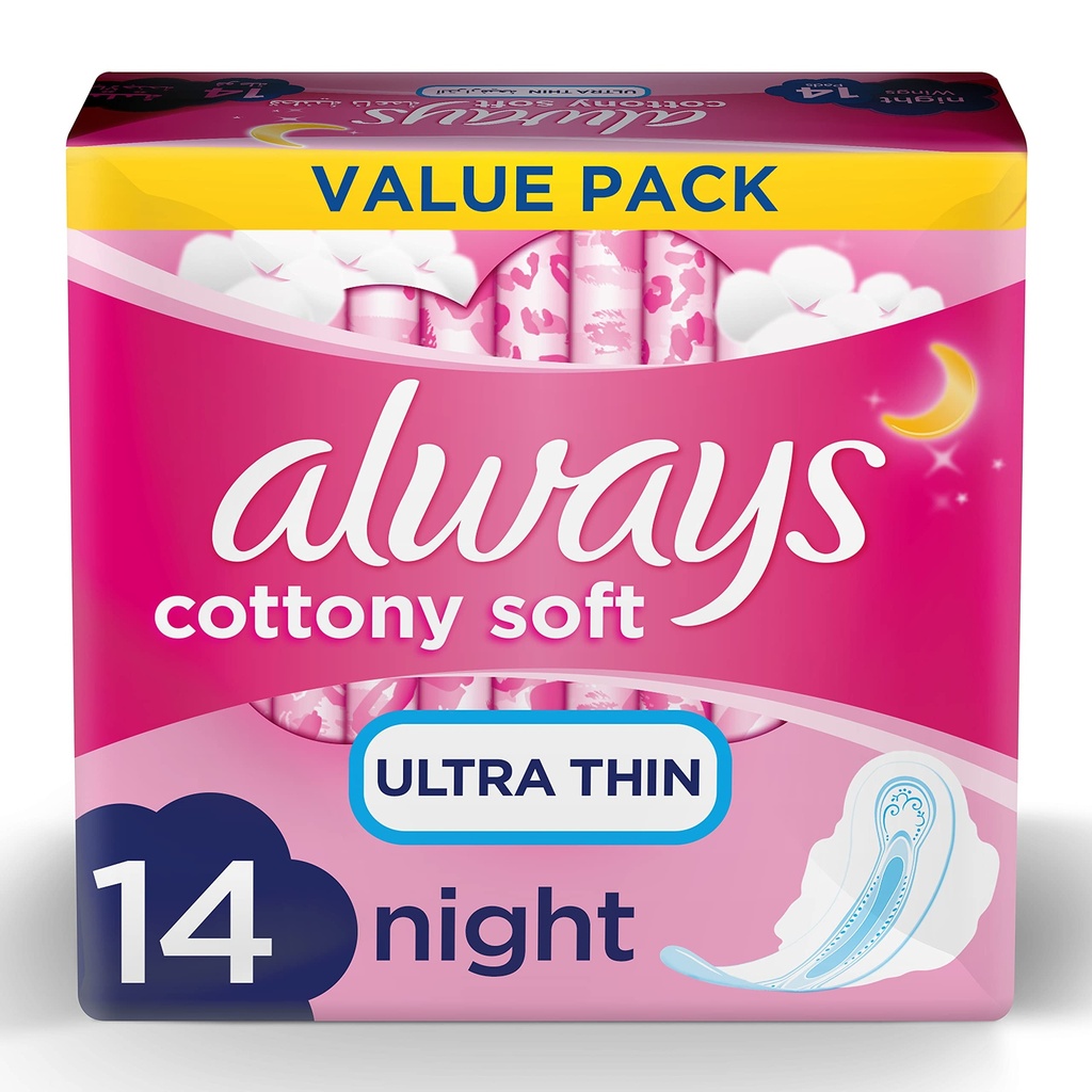 ALWAYS ULTRA COTTON LONG NIGHT NEW - اولويز الترا قطن طويلة ليلية الجديد | 14 فوطة | فوط صحية | حماية ليلية فائقة ضد التسرب بنعومة قطنية وتصميم رفيع