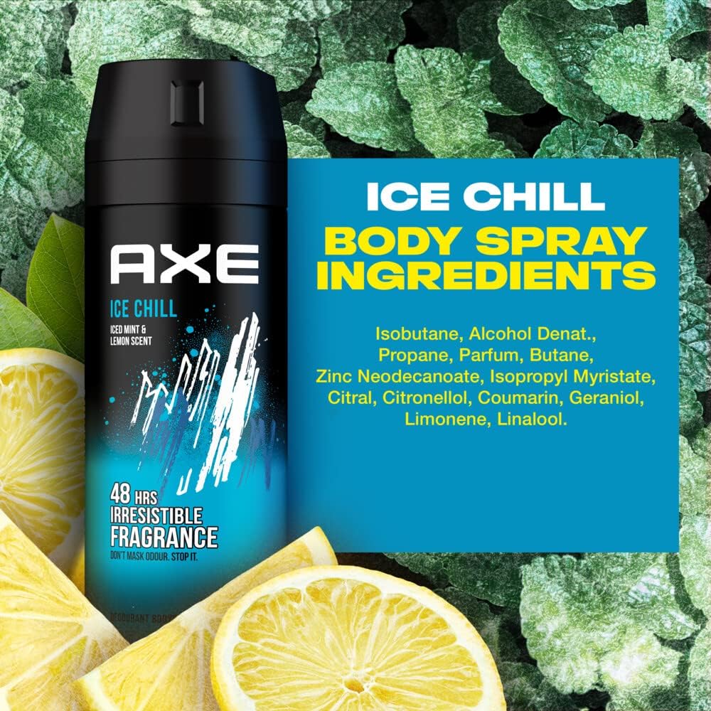 AXE ICE CHILL FROZEN MINT & LEMON BODY SPRAY 150 ML - اكس ايس تشيل النعناع المتجمد والليمون بخاخ للجسم 150 مل | 150 مل | بخاخ معطر | انتعاش ثلجي فوري وحماية ممتدة من رائحة العرق