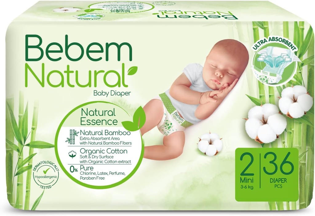 BEBEM NATURAL 2 MINI 36 DIAPERS - بيبيم ناتشورال مقاس 2 | 36 حفاضة | حفاضات اطفال حجم صغير | عبوة اقتصادية لحماية طبيعية فائقة ضد التسريب والتهابات البشرة
