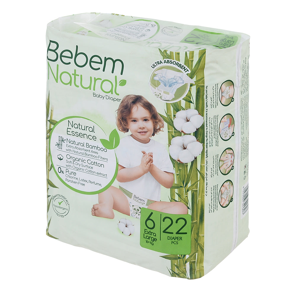 BEBEM NATURAL 6 XXL 22 DIAPERS - بيبيم ناتشورال مقاس 6 | 22 حفاضة | حفاضات اطفال حجم كبير جدا | عبوة اقتصادية لحماية طبيعية فائقة ضد التسريب والتهابات البشرة