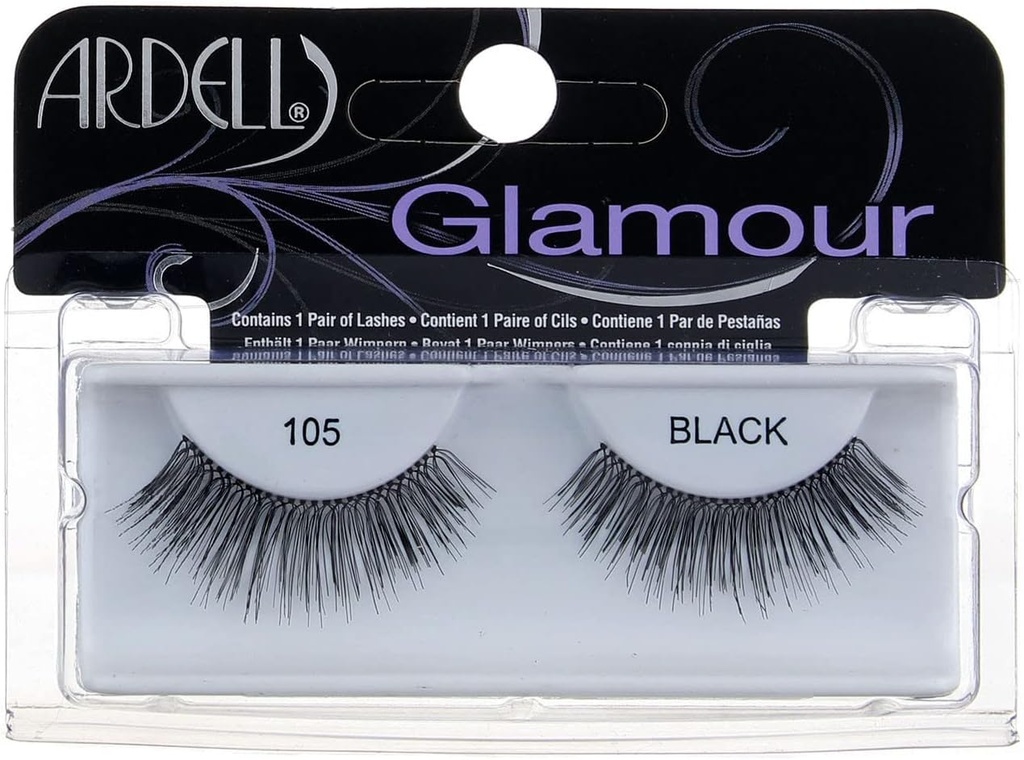 [73166] ARDELL GLAMOUR 105 BLACK - ارديل جلامور 105 اسود | زوج واحد | رموش صناعية للتجميل | زيادة طول وحجم الرموش بنمط ريشي متباعد لاطلالة عيون واسعة ومثيرة