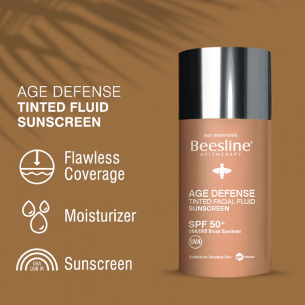 beesline age defen tinted facial fluid spf 50 med