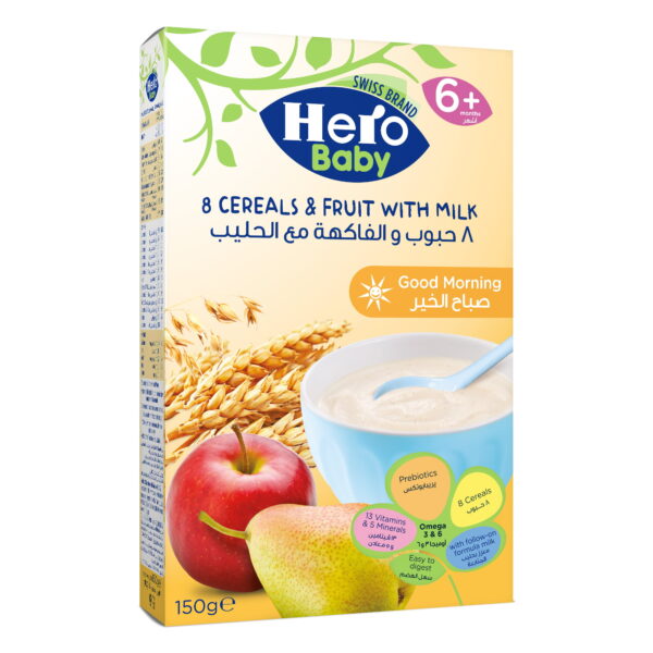 HERO BABY 8 CEREALS & FRUITS 150 GM - هيرو بيبي 8 حبوب وفواكه | 150 جم | بودر | تغذية ونمو الرضع