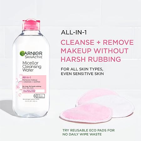 GARNIER SKINACTIVE MICELLAR CLEANSING WATER ALL IN - غارنييه سكين اكتيف ميسيلار | 400 مل | ماء منظف | لازالة المكياج وتنظيف وتلطيف البشرة