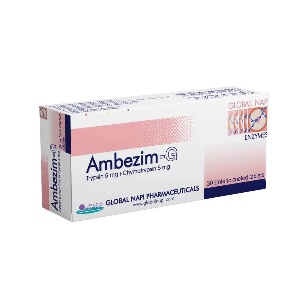 AMBEZIM G 30 ENTERIC COATED TABLETS - امبيزيم جي 30 قرص | تريبسين وكيموتريبسين | اقراص مغلفة معويا | علاج التورم والارتشاح ومضاد قوي للالتهابات الحادة والكدمات