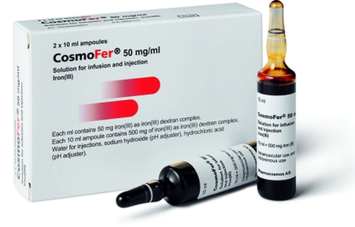 COSMOFER AMP - كوزموفير امبولات | 50 مجم / مل (2 مل) | امبولات للحقن الوريدى او التنقيط | علاج فقر الدم ونقص الحديد الحاد وتعويض مخزون الحديد بالجسم سريعاً