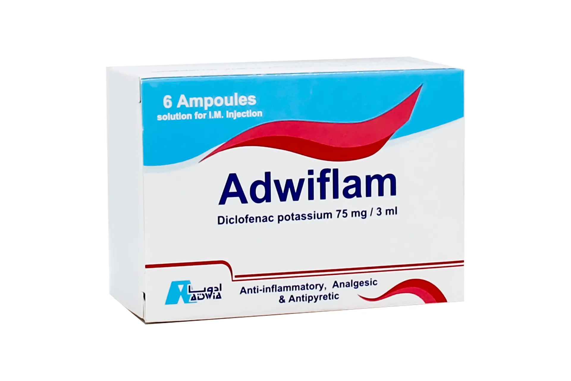 ADWIFLAM 75 mg / 3 ml 6 Ampoules - ادويفلام 75 مجم / 3 مل | 6 امبولات | امبولات حقن عضلى | التسكين الفورى والسريع لآلام العظام والمفاصل الحادة والتهابات الجسم