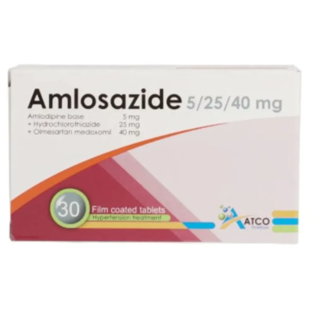 AMLOSAZIDE 5 / 25 / 40 MG 30 TABLETS - املوسازيد 5 / 25 / 40 مجم 30 قرص | 5 مجم / 25 مجم / 40 مجم | اقراص مغلفة ثلاثية المفعول | السيطرة الفعالة والشاملة على ارتفاع ضغط الدم الشرياني الحاد والمستعصي