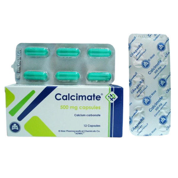 CALCIMATE 500 MG 12CAP - كالسيميت 500 مجم 12 كبسولة | 500 مجم | كبسولات | تعويض نقص الكالسيوم ودعم صحة العظام والاسنان