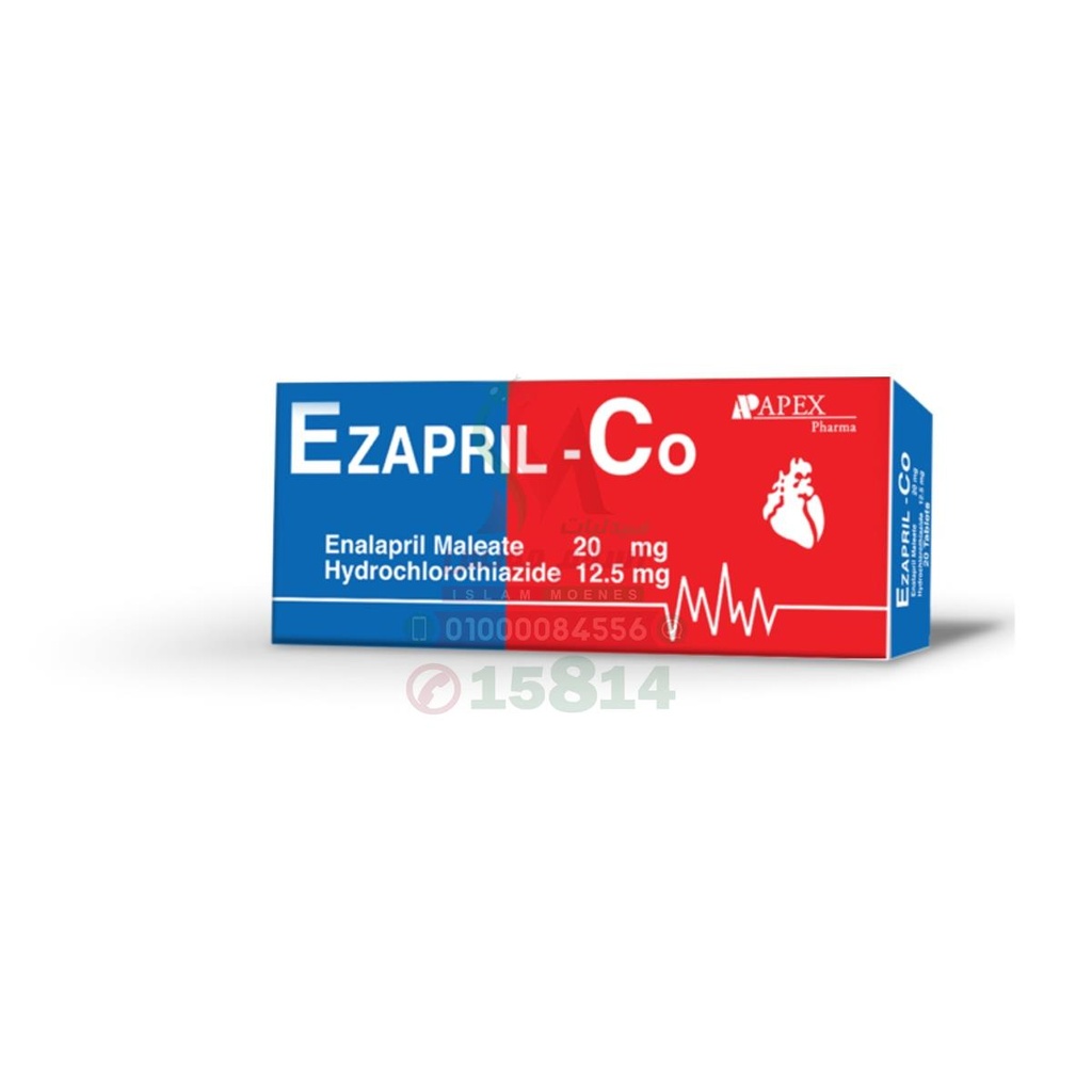 EZAPRIL CO 20 MG / 12.5 MG 20 TAB - ايزابريل كو 20 مجم / 12.5 مجم | 20 مجم / 12.5 مجم | اقراص | علاج ارتفاع ضغط الدم بتركيبة ثنائية