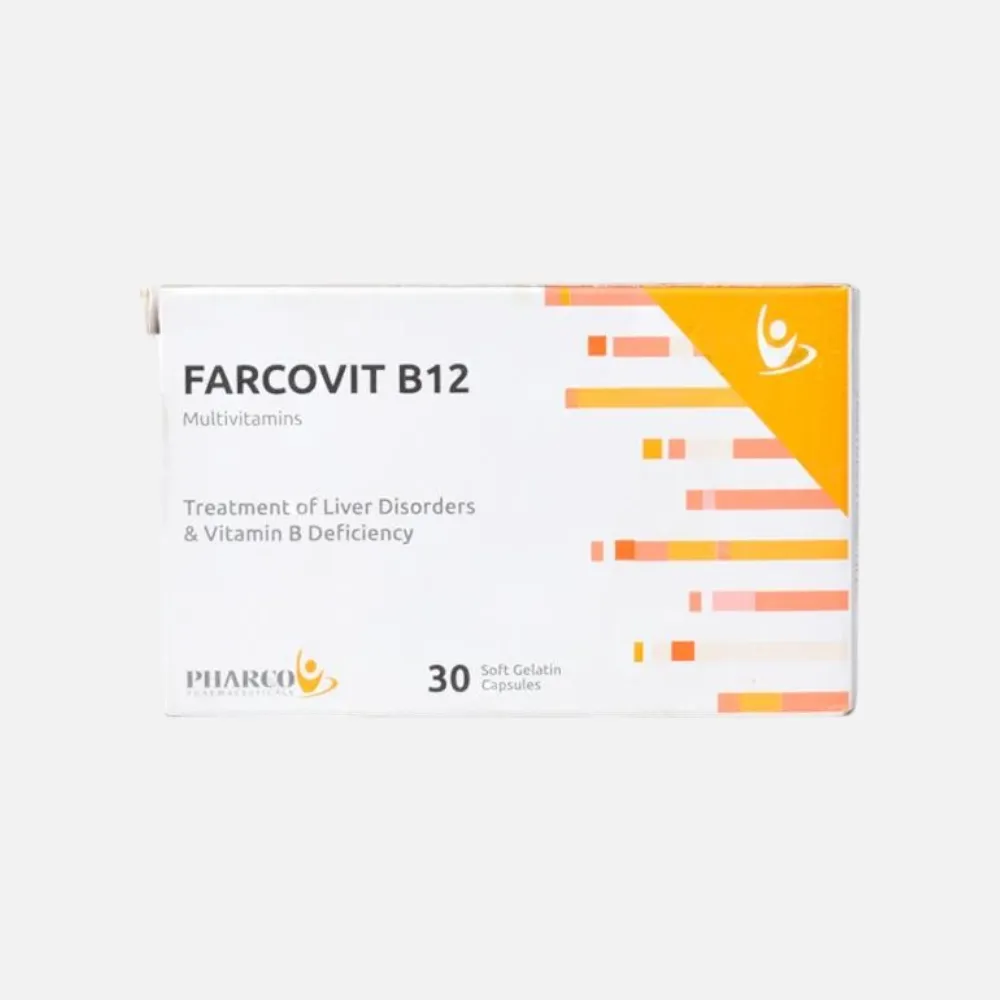 Farcovit B12 CAP - فاركوفيت ب12 | 30 كبسولة جيلاتينية رخوة | كبسولات فموية | تنشيط الكبد وحماية خلاياه وعلاج التهاب الاعصاب الطرفية