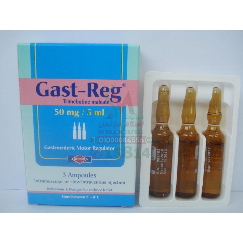 GAST-REG 50MG 3AMP - جاست ريج 50 مجم 3 امبولات | 50 مجم / 5 مل | امبولات للحقن العضلي او الوريدي | علاج سريع للمغص وتنظيم حركة الامعاء