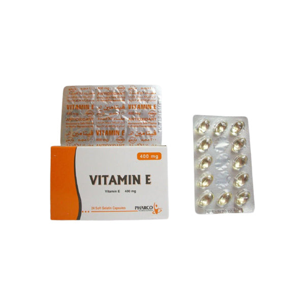 VITAMIN E 400 MG 24 CAP - فيتامين هـ 400 مجم 24 كبسولة | 400 مجم | كبسولات جيلاتينية رخوة | مضاد للاكسدة ولدعم نضارة البشرة وصحة الشعر