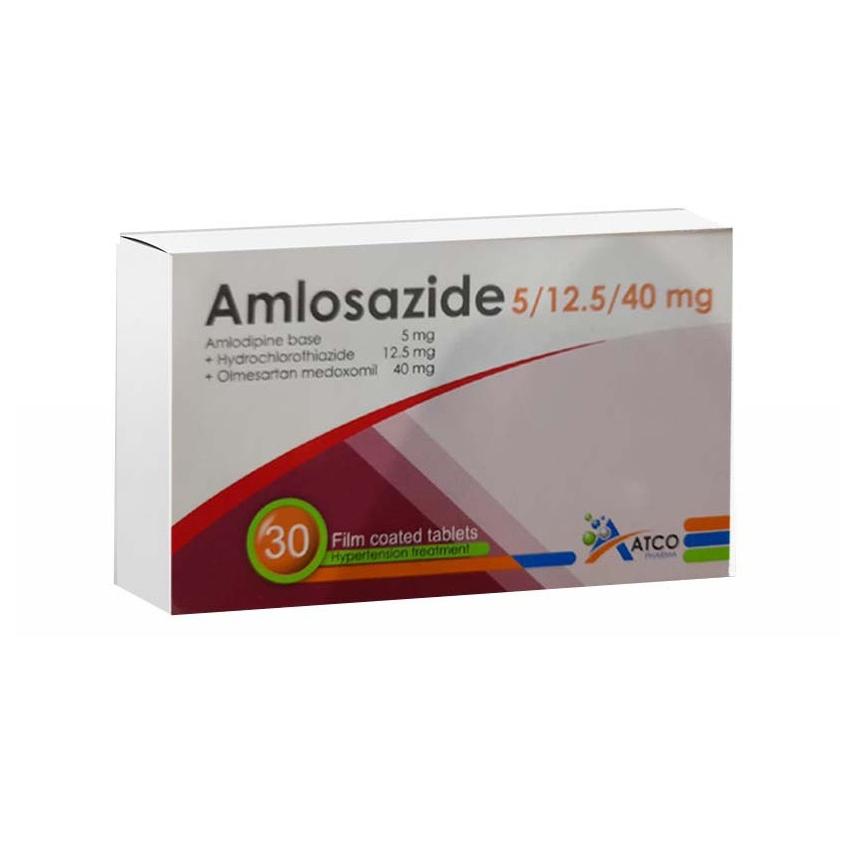 AMLOSAZIDE 5 / 12.5 / 40 MG 30 TABLETS - املوسازيد 5 / 12.5 / 40 مجم 30 قرص | 5 مجم / 12.5 مجم / 40 مجم | اقراص مغلفة ثلاثية المفعول | السيطرة الفعالة والشاملة على ارتفاع ضغط الدم الشرياني الحاد