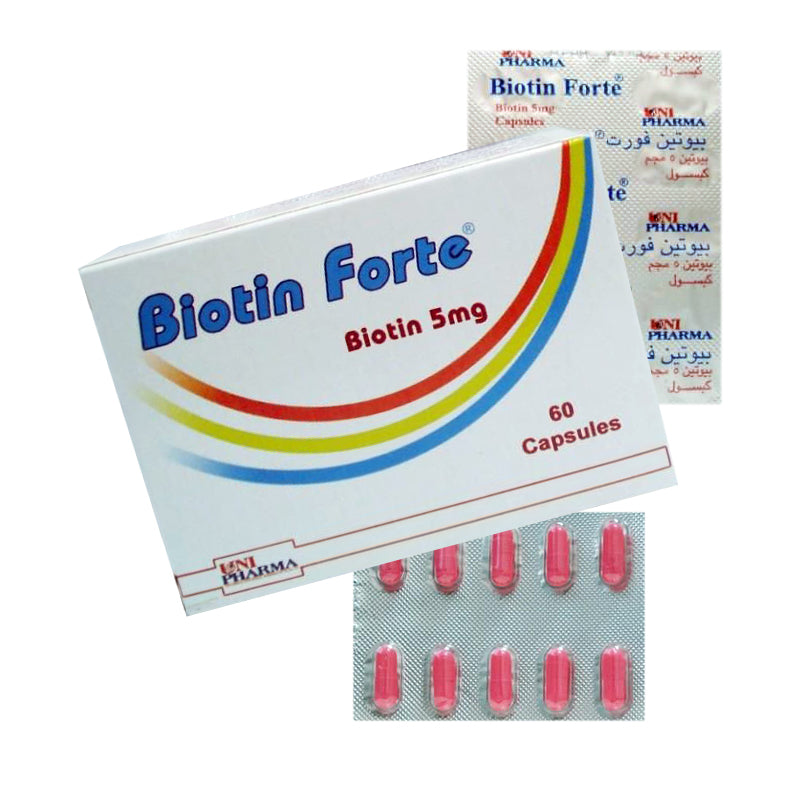 BIOTIN FORTE 60 CAP - بيوتين فورت 60 كبسولة | مكمل غذائي لتقوية الشعر ومنع تساقطه وتغذية الاظافر والبشرة