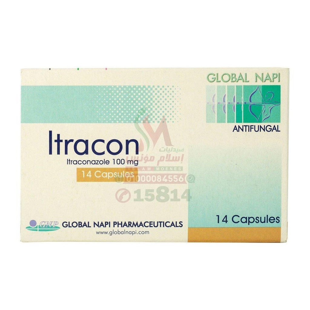 ITRACON 100 MG 14 CAP - ايتراكون 100 مجم 14 كبسولة | 100 مجم | كبسولات | القضاء على العدوى الفطرية الجلدية والجهازية وتينيا الاظافر