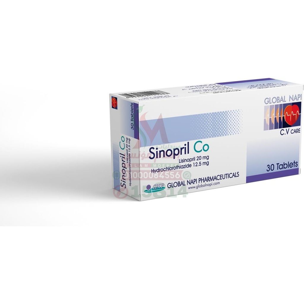 [65537] SINOPRIL-CO 30 TAB - سينوبريل كو 30 قرص | 20 مجم ليزينوبريل / 12.5 مجم هيدروكلورثيازيد | اقراص | علاج ارتفاع ضغط الدم وتصريف السوائل الزائدة