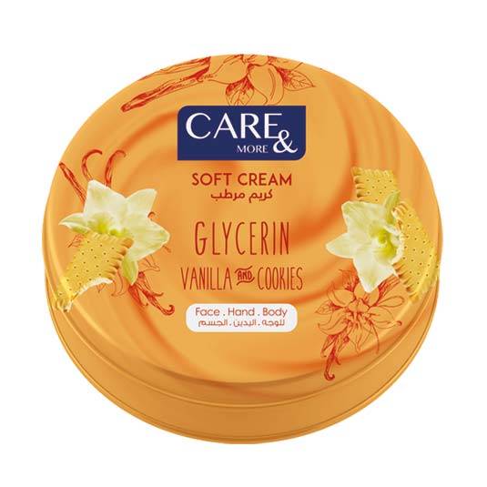 [78849] CARE & MORE SOFT CREAM GLYCERIN & VANILLA 125ML - كير اند مور سوفت كريم بالجلسرين والفانيليا | 125 مل | كريم مرطب | لترطيب وتنعيم البشرة بعطر دافئ