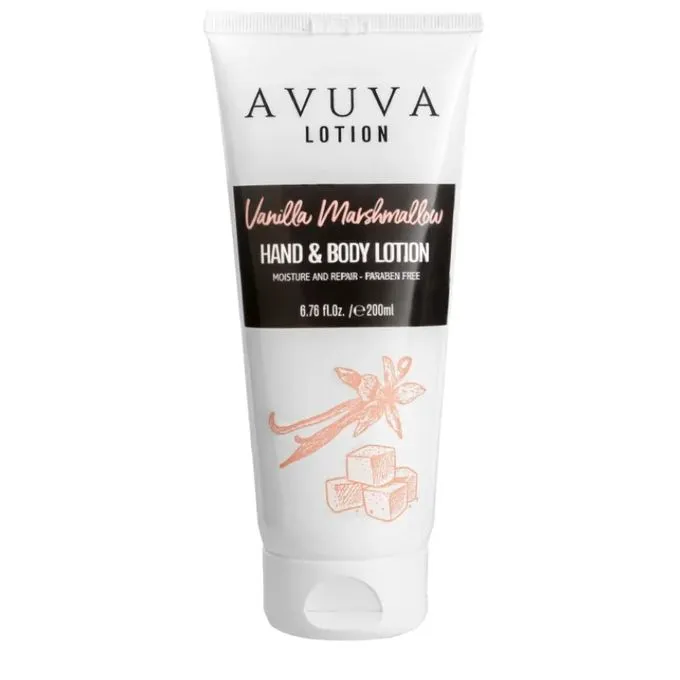 [73654] The AVUVA Hand & Body Lotion in Vanilla Marshmallow (63ml) is a lightweight, non-greasy moisturizer ideal for on-the-go hydration
