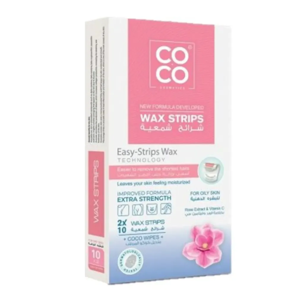 [80272] COCO WAX STRIPS OILY SKIN 10 WAX STRIPS - كوكو واكس شرائح شمعية لإزالة الشعر للبشرة الدهنية | بخلاصة الورد وفيتامين سي 10 شرائح