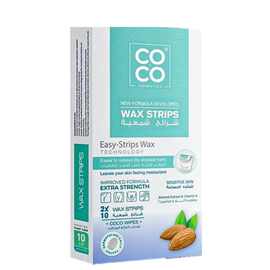 [80273] COCO WAX STRIPS SENSITIVE SKIN 10 WAX STRIPS - كوكو واكس شرائح شمعية لإزالة الشعر للبشرة الحساسة | بخلاصة الصبار وزيت اللوز 10 شرائح